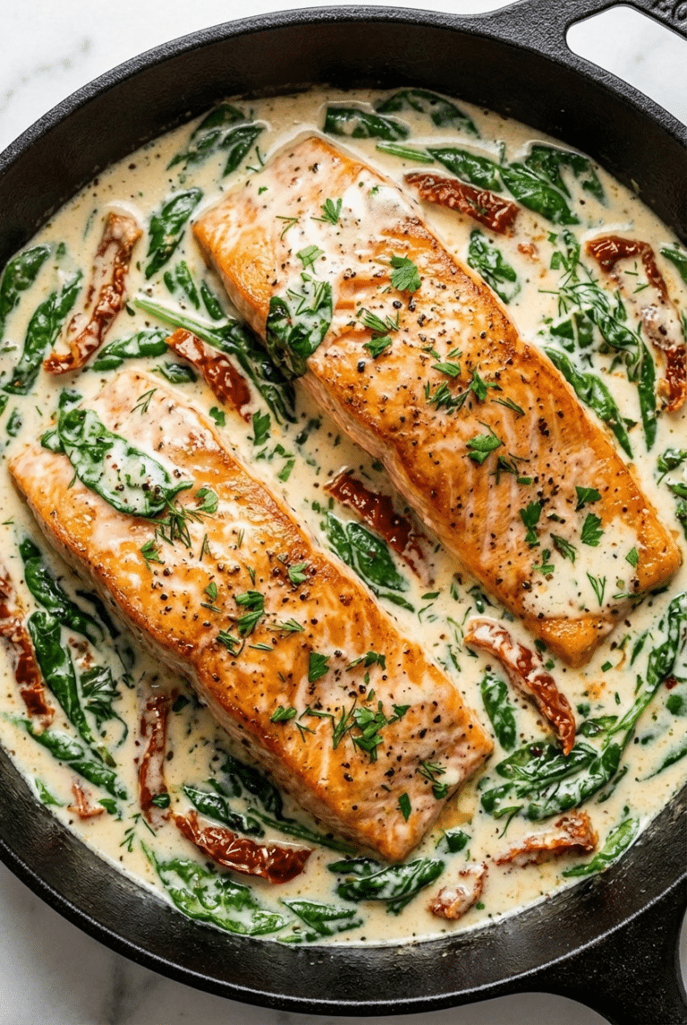 a-close-up-photograph-of-two-perfectly-Creamy Tuscan Salmon with Sun-Dried Tomatoes