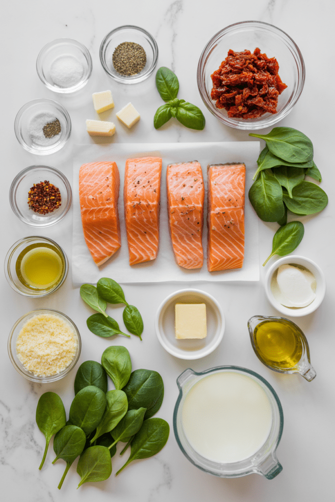 a-top-down-overhead-photograph-of-a Creamy Tuscan Salmon with Sun-Dried Tomatoes-INGREDIETNS. _